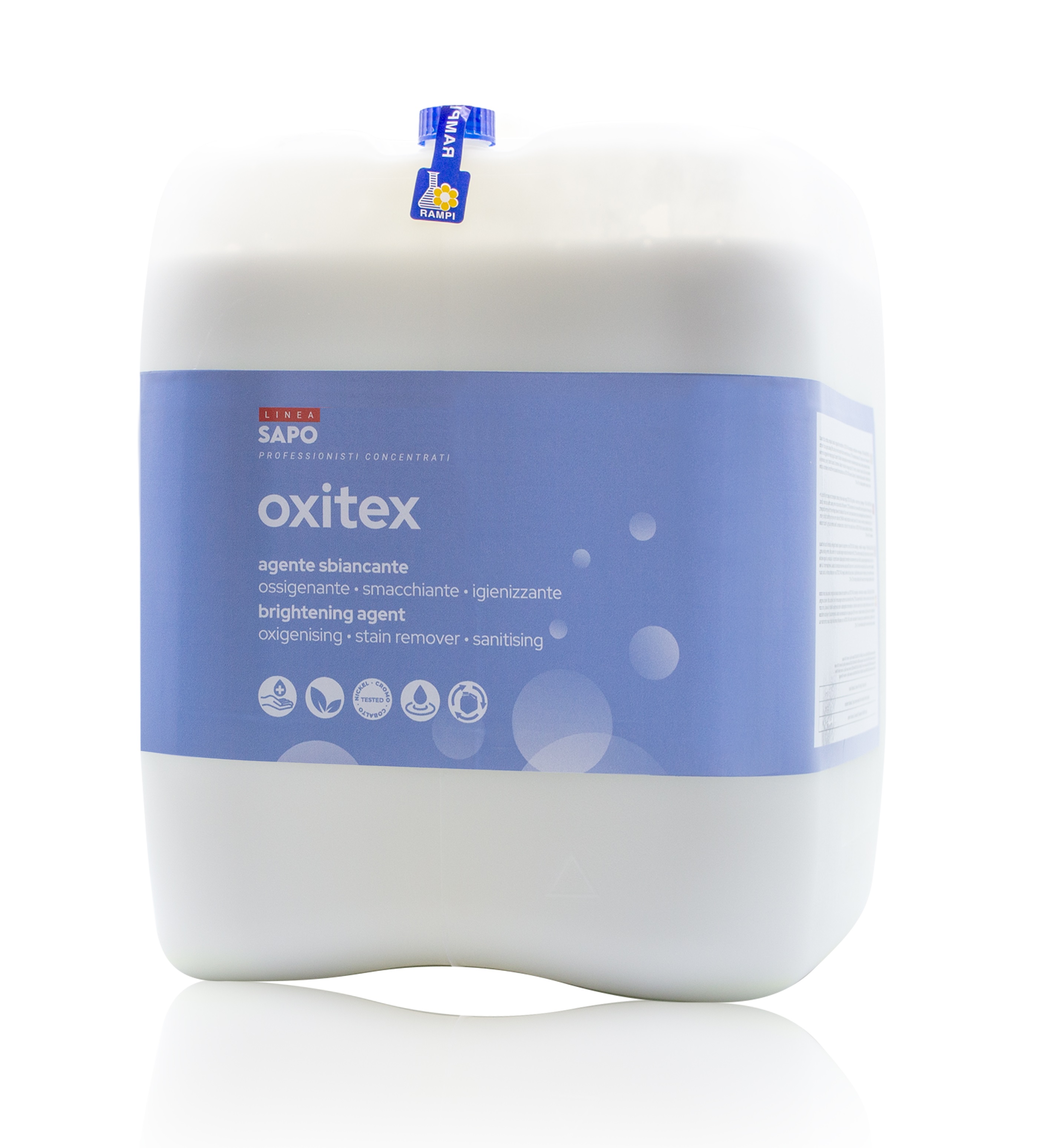 Рідкий миючий засіб для відбілювання та видалення плям з дезінфікуючим ефектом RAMPI SAPO OXITEX 5 літрів